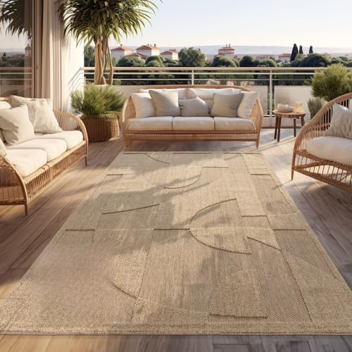 Paco Home Modern in- & Outdoor Rug Abstract Carved Pattern in Neutral Beige Brown, Size: 6'7" x 9'2"