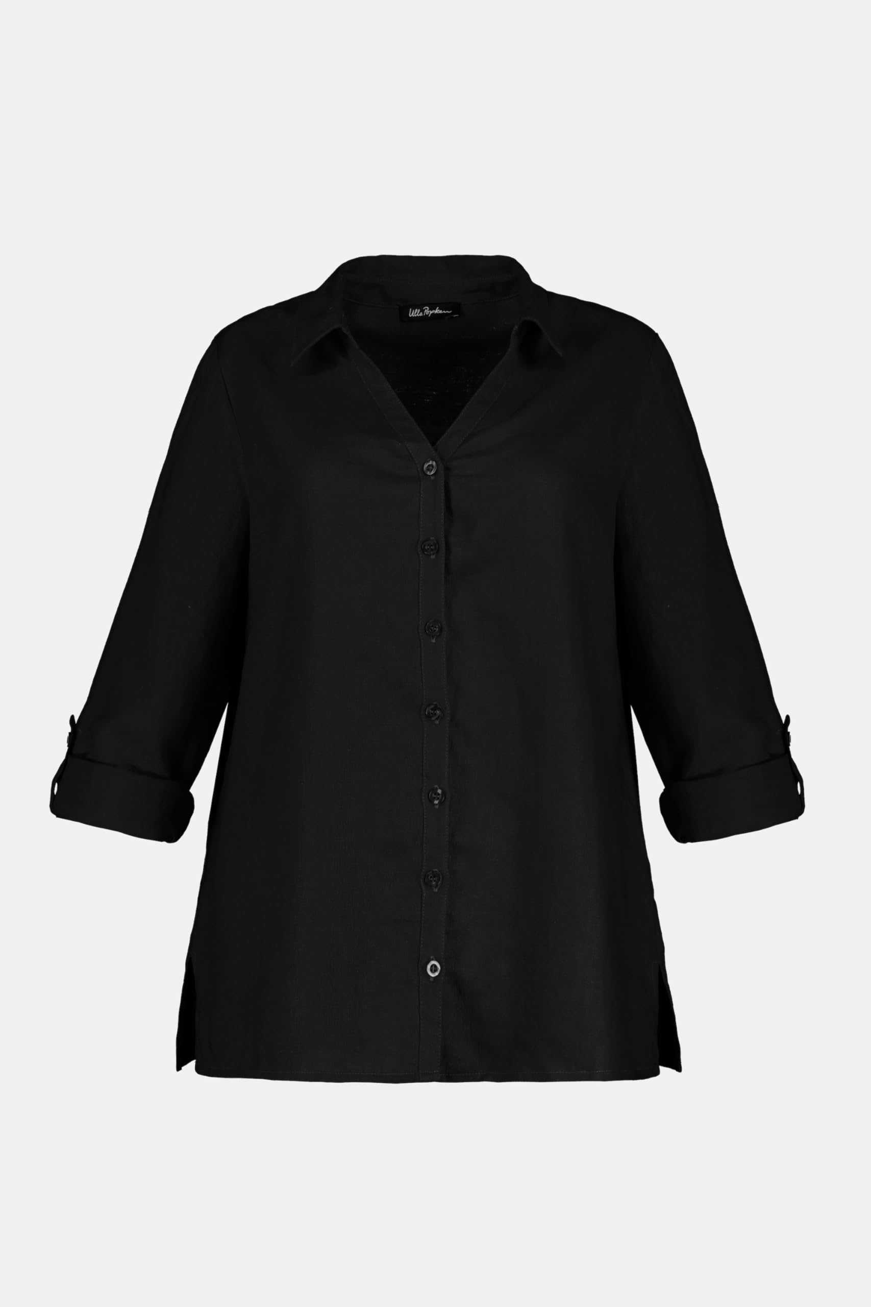 Ulla Popken Blusa in Lino con Colletto Aperto e Maniche Lunghe 794882