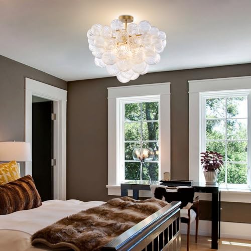 Longree Nordic Bubble Ball Swirled Glass Ceiling Lights Fixture, Dia 24 inch Gild Brass and Clear Blown Glass Small Chandelier for Bedroom Study Bathroom by Longree - Used condition - Image 5