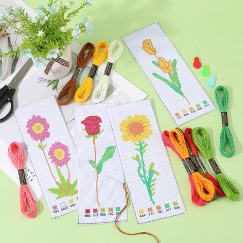 GORGECRAFT 4 Sets Cross Stitch Bookmark Kit Flowers Stamped Embroidery Cross Stitching Bookmark with Instruction for Beginner Adults DIY Counted Crossstitch Gifts Book Readers 23x8cm - Image 4