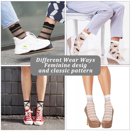 Image of Ouligay 6 Pairs Sheer Ankle Socks Women, Transparent Fishnet Socks, Sheer Ruffle Socks, Cute Frilly Mesh Socks Women, Breathable Spring Summer Short Socks (Hearts, Stripes, Plaid) Black & White