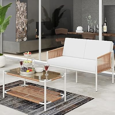 Shintenchi 2 Piece Patio Wicker Furniture Set, Outdoor Patio Furniture Rattan Conversation Set with Coffee Tables and Loveseat for Backyard, Balcony, Poolside