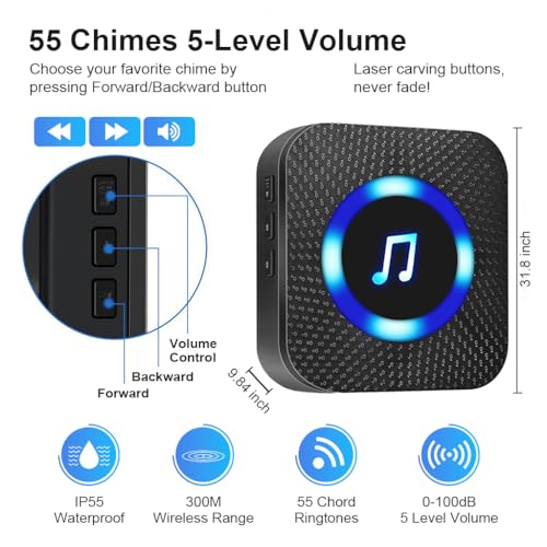 Image of Supvox Door Bell for Home Wireless Bell for Office 2 Receiver & 1 Transmitter Calling Bell Wireless Waterproof IP55 Long Range Remote Bell with LED Indicator Light and 55 Ringtones Door Bell