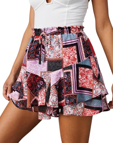 Image of Aoudery Boho Skorts for Women Flowy Shorts Printed Casual Ruffle Mini High Waisted Chiffon Tennis Skirts Country Concert Outfit - Orange Brown Floral L