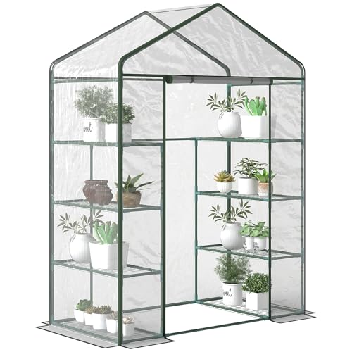 Outsunny Serre de Jardin avec étagères 4 Niveaux, Serre de Balcon, châssis en Acier, Porte zippée Enroulable, pour légumes Plantes Fleurs, intérieur et extérieur, 143 x 73 x 195 cm, Transparent
