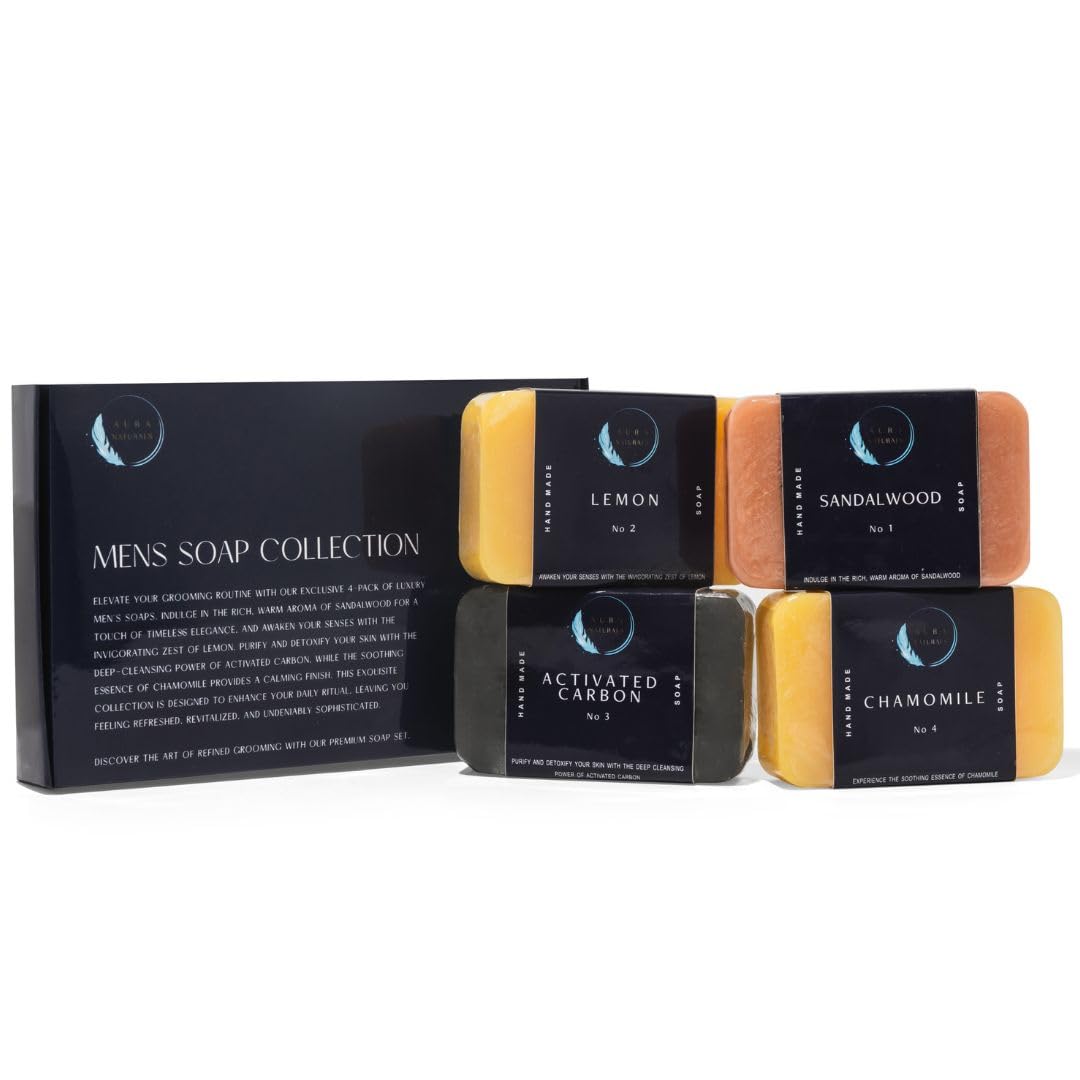 Mens Soap Bar Pack of 4 - Sandalwood, Lemon, Activated Carbon & Chamomile Scented Men Soap Bar - 150g Exfoliating Soap for Men, Natural Body Soap Gift Set
