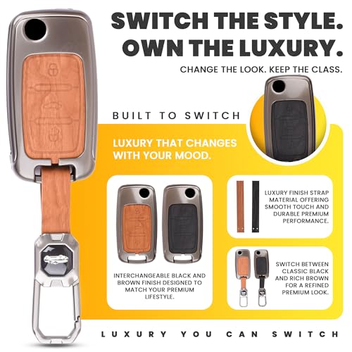 Image of Car Key Cover Compatible with Polo Vento Jetta Ameo Passat and Skoda Rapid Laura Superb Octavia Fabia Yeti 3-Button Smart Flip Key (Dual Leather Metal (Black & Brown))
