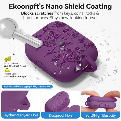Image of for AirPods Pro 2 Case, Ekoonpft Silicone AirPod Pro Cases with 3-in-1 Cleaning Kit & Keychain, Flower Engraved Cover for Apple AirPods Pro 2nd /1st Generation, Shockproof & Anti-Scratch