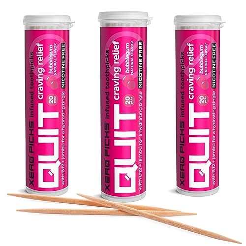 Image of Xero Picks Quit Infused Flavored Toothpicks to Help Quit Smoking (Pack of 3), Bubble Gum) Non-GMO Kosher Vegan