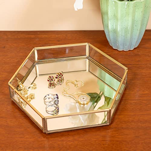 Image of Vintage Glass & Brass Vanity Tray, Hexagonal Home Table Decoration, Makeup Organizer, Vanity Tray, Brass Gold 8x9x1.5 Inches