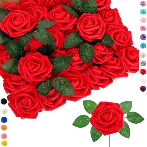 COSORO 25 pièces Fleurs Artificielles Roses Artificielles Rouge,Mousse Faux Roses avec Tiges Décoration Florale pour Anniversaire Mariage Gâteau Fête...