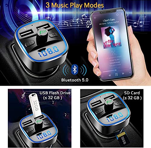 Bluetooth Fm Transmitter For Car, Blue Ambient Ring Light Wireless Radio Car Receiver Adapter Kit With Hands-Free Calling, Dual Usb Charger 5V/2.4A And 1A, Support Sd Card, Usb Disk (Black) #TOP1
