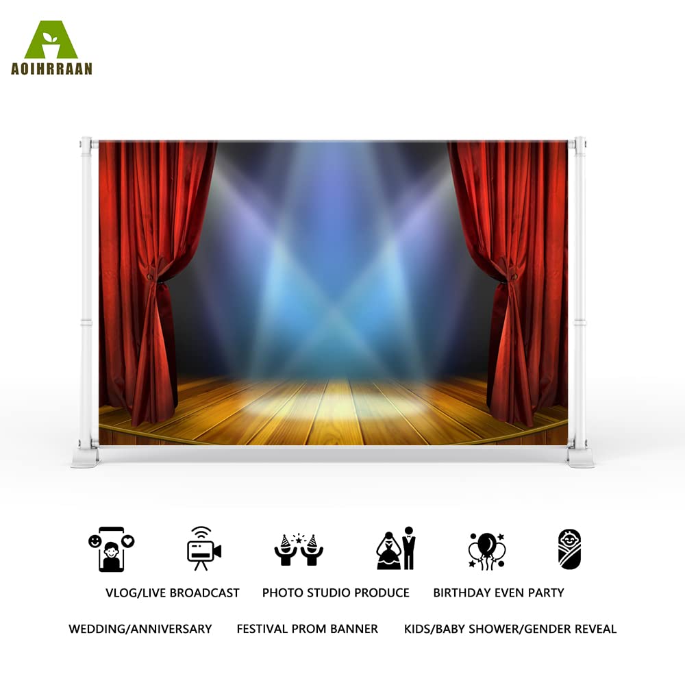 Aoihrraan 3x2,5m Teatro Palco Fondale Rosso Tende Rustico Legno Piano Faretti Fotografia Sfondo Talento Performance Spettacolo Premio Cerimonia Festival Celebrazione Banner Foto Studio Prop