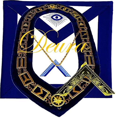 DEURA Masonic Master Mason WORSHIPFUL MASTER GOLD Jewel + Collar and Embroidered Apron Set