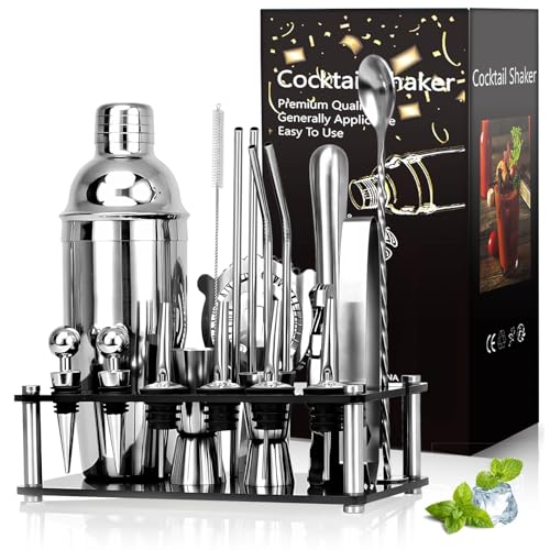 20 Piece Professional Cocktail Shaker Set with Acrylic Stand Stainless Steel Bartender Kit Professional Bar Tools Gift Set for Drink Mixing Bar Home Lounge & Party