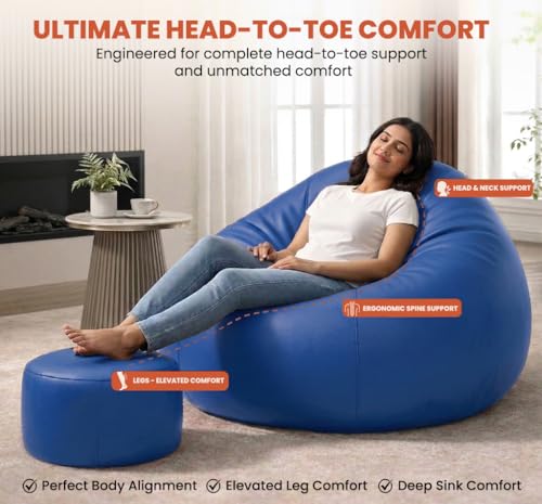 Image of Sattva Classic 5XL Bean Bag Chair with Beans Filled | Sofa Style Faux Leather Beanbags with Footstool & Cushion | Comfortable Bin Bags Sofa for Adults & Teens, Living Room & Office | Royal Blue