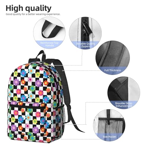 Colorful Rainbow Daisy Black White Checker Fashionable Daypack 17 Inches Zippers Backpack Double Shoulder Bag for Women Men3