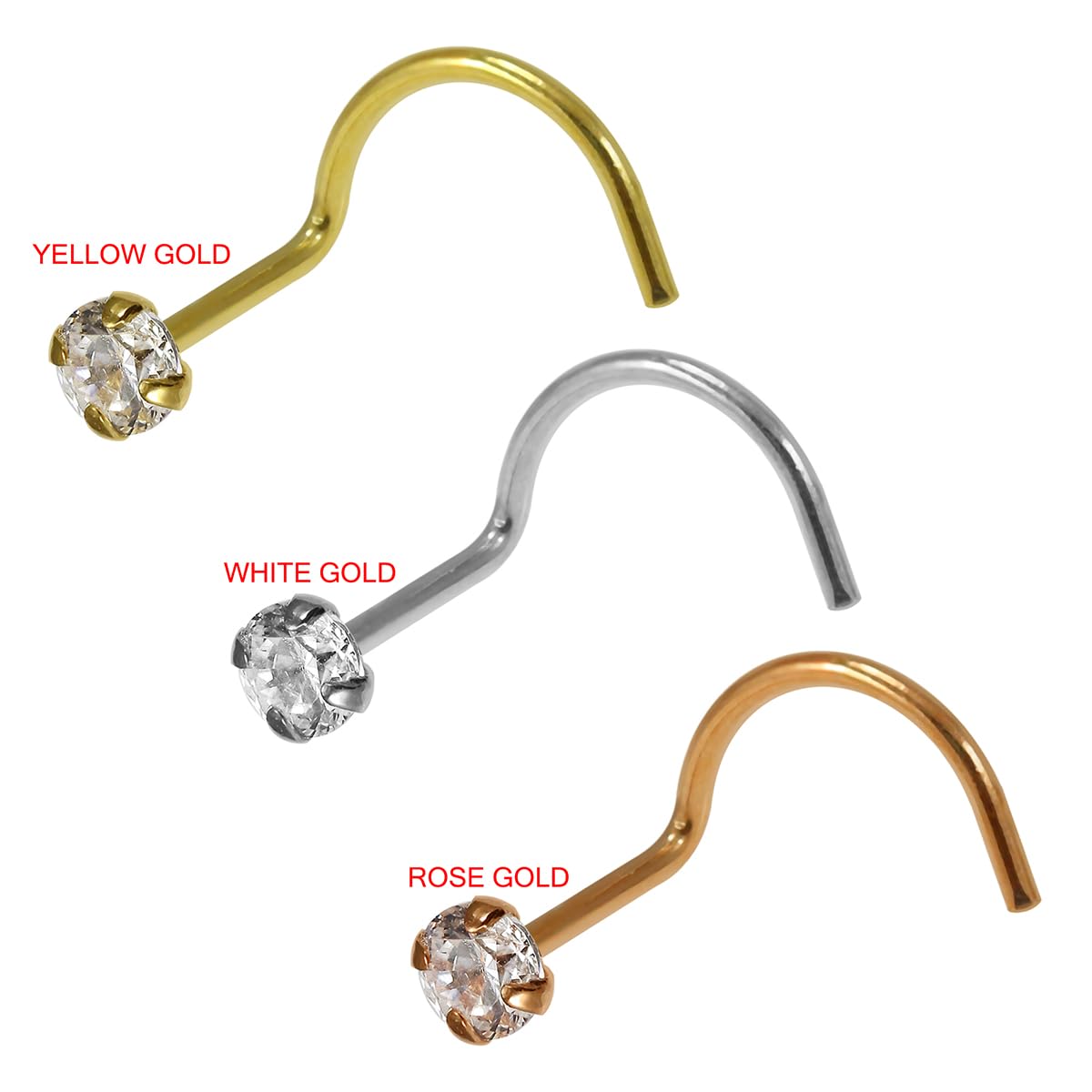 9k oro bianco del forcone 1,5 millimetri rotonda pietra CZ 20 Gauge naso narice Piercing a vite