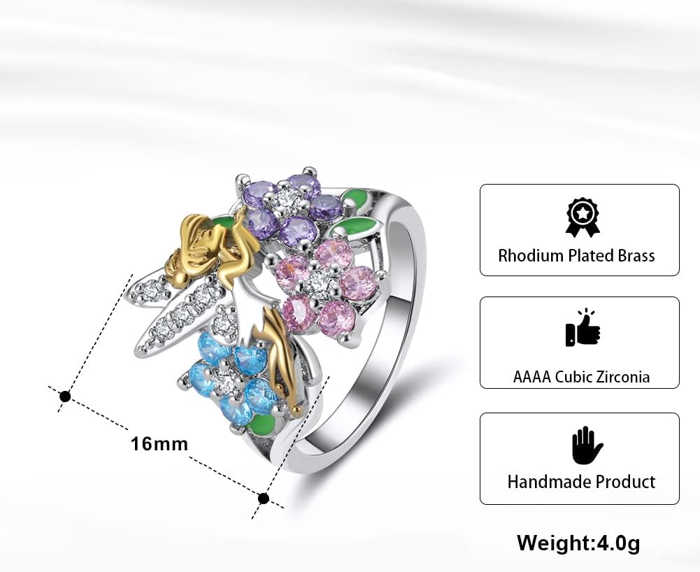 Fairy Ring for Women by Ginger Lyne | Multi Color Flower Winged Angel Ring for Her | Colorful Cubic Zirconia Gift For Women | Whimsical Fairies Fashion Jewelry