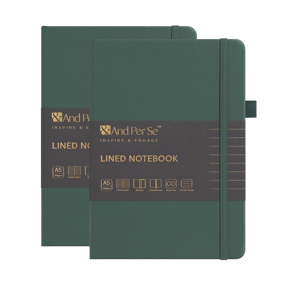 &And Per Se Lined Journal Notebook (2 Packs), 320 Pages, A5-5.7''x8'', Hardcover Notebooks for Work School Women Men (Green)