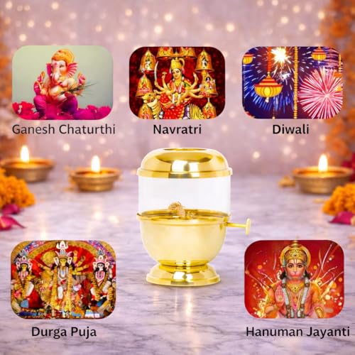 Image of Brass akhand Diya, Medium Size 150ml | 6 Long Wicks Included | with Wick-Lifting Screw Lever & Borosilicate Glass - Long Burning Oil lamp for Pooja | deepam for mandir, Home Temple