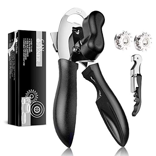 Unisun dosenöffner manuell, 4-in-1-Multifunktions-Dosenflaschenöffner Rutschfester Edelstahlöffner Einfach zu bedienen Scharfe Schneidwerkzeuge 2 Ersatzklinge + Weinöffner ?schwarz?