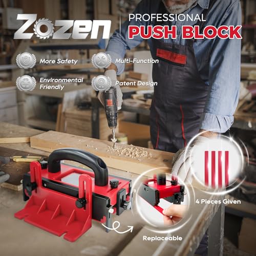 Zozen Table Saw Push Block, Aluminum Structure, Transparent Window-Visibility, 6xTail Hook-Reusable, Metal Slide-Parallel, Antislip strip-Replaceable. Safety Table Saw Accessories/Woodworking Tools.