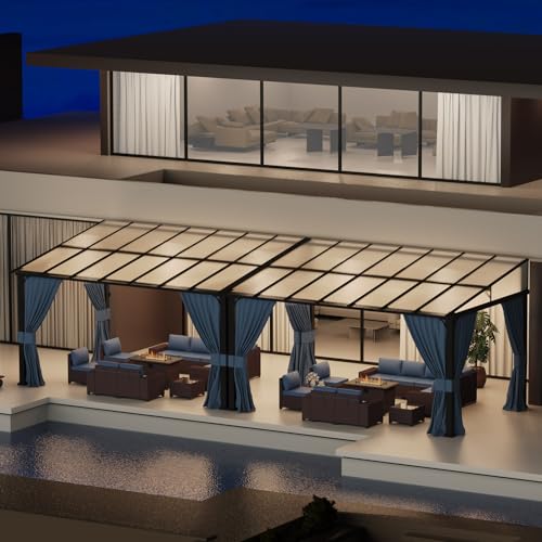 ASJMR 10x28FT Wall Mounted Gazebo Hardtop,Outdoor Wall-Mounted Patio Pergola Metal Frame Double Curtains Gazebo with Sloping Sun Panel Roof for Patio,Garden,Lawn,Pool,Backyard Deck - Image 2