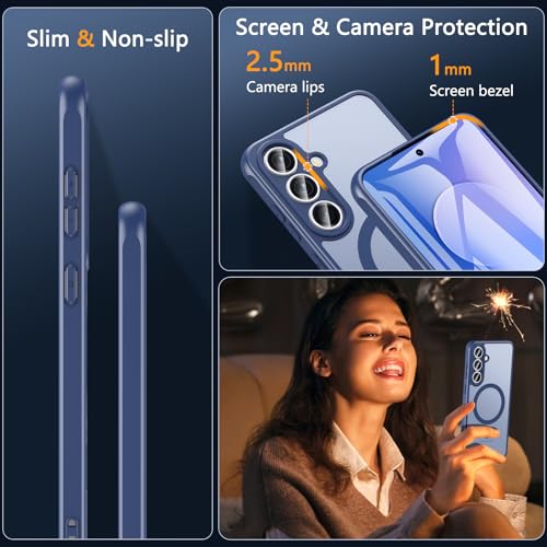 Image of OWKEY for Samsung Galaxy S25 FE Case 6.7'', Magnetic Galaxy S25 FE Case for Magsafe with Tempered Screen Protector [Shockproof Military] Translucent Matte Bumper Phone Cover Samsung S25 FE 5G, Blue