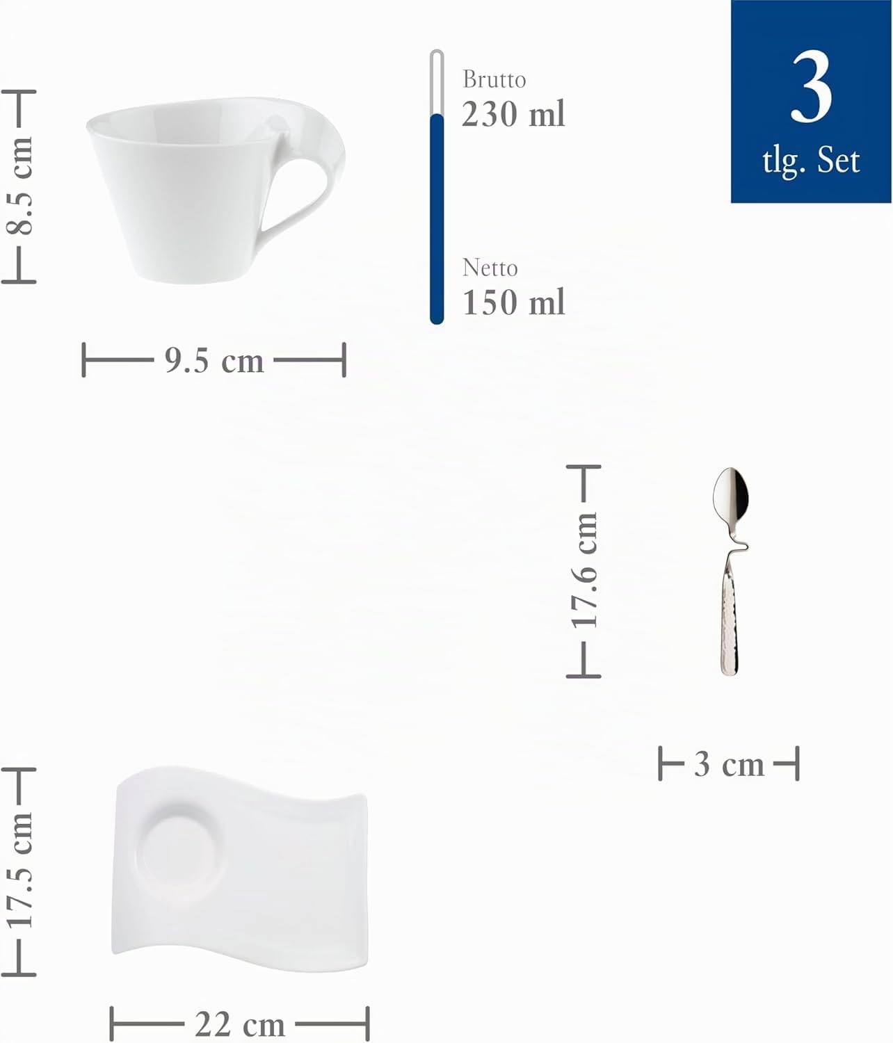 Villeroy & Boch - Newwave Caffè Cappuccino Tassen Set, Spülmaschinenfest, Mikrowellensicher, Cappuccinotassen, Kaffee Geschirr Set, Tasse, Untertasse, Löffel, Premium Porzellan, Edelstahl