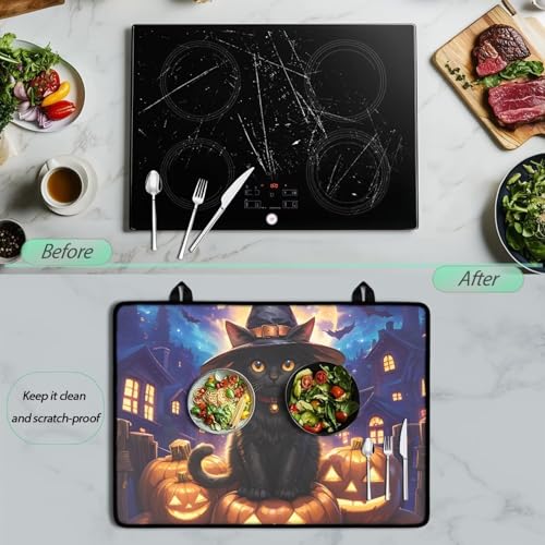 Image of Cat Pumpkin Stove Top Covers for Electric Stove Heat Resistant Stove Mat with Anti-Slip Rubber Base Folding Dish Drying Mat for Kitchen Easy to Clean Halloween Decor for Kitchen