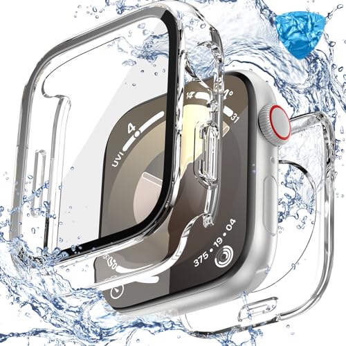 Image of 3 in 1 Goton Waterproof Hard Case for Apple Watch Screen Protector 45mm, 360 Slim Full Protective Tempered Glass Face Cover + Back Hard PC Bumper for iWatch Series 9 /8 /7, 45mm Clear