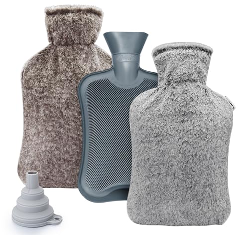 Wärmflasche mit Bezug, Auslaufsicher Bettflasche 2L Groß Wärmeflasche Flauschig, Kuschelweichem Fellbezug Wärmflaschen mit Trichter für...