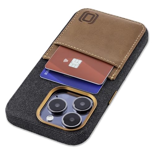 Image of Dockem Fabric Card Case for iPhone 15 Pro with Built-in Metal Plate for Magnetic Mounting, Stitched-on Genuine Leather Wallet with 2 Credit Card /ID Slots: M2F 15 Pro [Grey w /Light Brown]