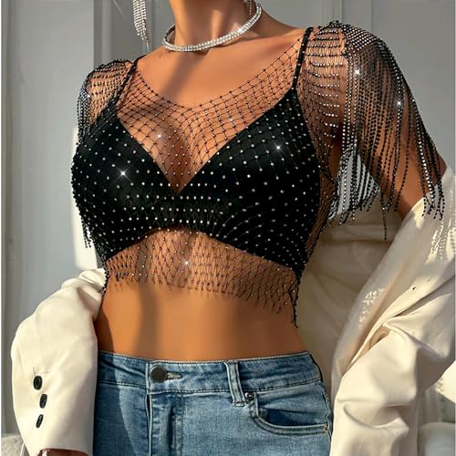 RARITYUS Women Sparkle Rhinestone Mesh Crop Top Sexy Fringe Shoulder T Shirt Hollow Out Crystal Tank Tops Party Clubwear4