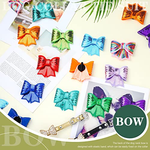 Jutom 40 Pcs Sequin Dogs Collar Bow Ties Sequin Attachment Slide Dog Collar Removable Bowties with Elastic Bands Adjustable Pet Bowties Holiday Pet Grooming Bow Ties for Small