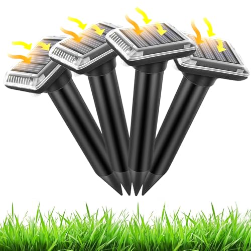 Mole Repellent Solar Ultrasonic 4 Pack Outdoor Powered Sonic Deterrent IP66 Waterproof Groundhog Repeller Snake Rodent Gopher Spikes Chaser - Sonic Mole Deterrent Devices for Lawn Garden & Yard Home