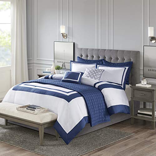 Image of Madison Park Heritage Comforter Quilt Combo Set - Modern Luxury Design, All Season Down Alternative Bedding, Matching Shams, Decorative Pillows, Full /Queen(90 inchx90 inch), Color Block Navy 8 Piece