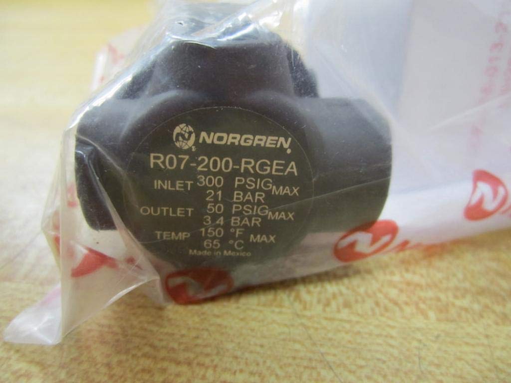 NORGREN R07-200-RGEA 0.3-3.5 BAR, 0.40MPA, 0-4.0BAR, 0-60PSI, 07 Series, 1/4 INCH PTF Port, 150DEG F MAX, 150PSIG/OUT, 21BAR, 300PSIG/IN, Non-Rising Adjustable KNOB, Regulator, SNAP-Action Lock, with