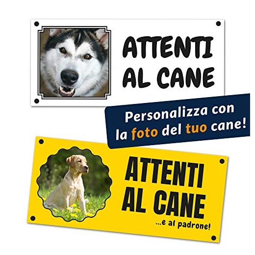 Cartello ATTENTI AL CANE personalizzabile con la foto del proprio cane, stampato su vinile (Cartello Forex 200x90mm, Testo standard)