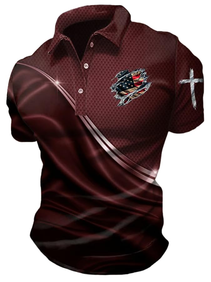 Men's Retro American Flag Cross Graphic Polo Shirt Patriotic American Flag Shirts