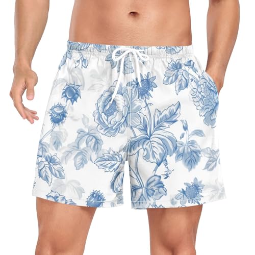 Mens Swim Trunks with Liner, Blue White Floral Cool Quick Dry Beach Swim Shorts, Swimwear Bathing Suits S
