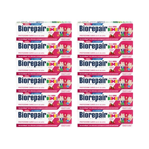 Biorepair, Dentifricio Bimbi 0-6 anni, 12 Confezioni da 50 ml, Dentifricio Biorepair per Bambini Senza Fluoro Gusto Fragola, Anticarie, per Gengive Sane