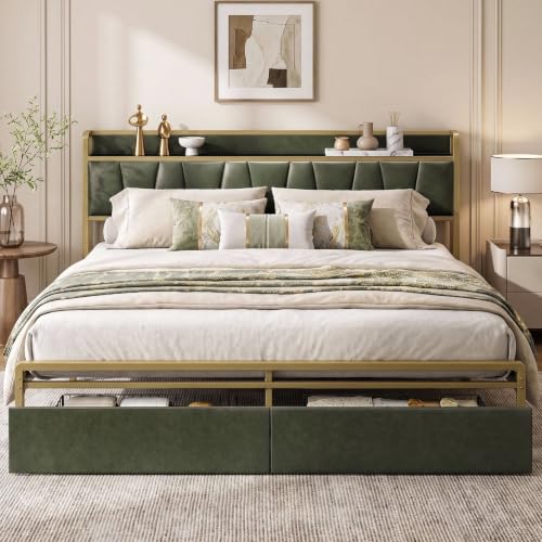 Image of LIKIMIO King Size Bed Frame with 2 Drawers and Charging Station | Platform Bed with Upholstered Storage Headboard, No Box Spring Needed, Easy Assembly, Sturdy, Green