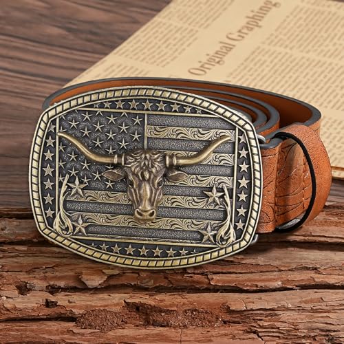 Image of HUABOLA CALYN Long Horn Bull Belt Buckles for Men Women American Flag Texas Star Belt Buckles