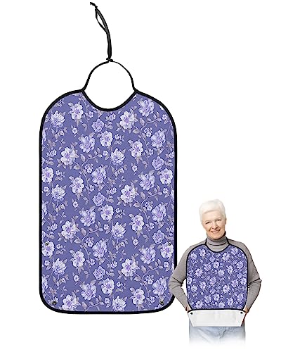 Kewadony Adult Bibs for Elderly Women - Spring Florals Waterproof Dining Clothing Protectors with Crumb Catcher for Eating/Feeding, Vintage Summer Purple Flowers Terry Cloth Bib Machine Washable