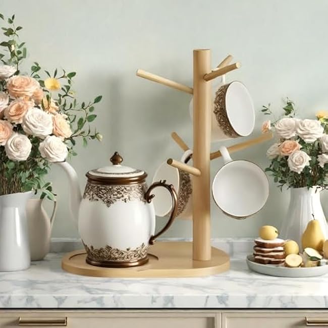 Wooden Non-Slip Coffee Mug Holders Tree with 6 Hooks,Decorative Mug Racks for Countertop, Natural Color