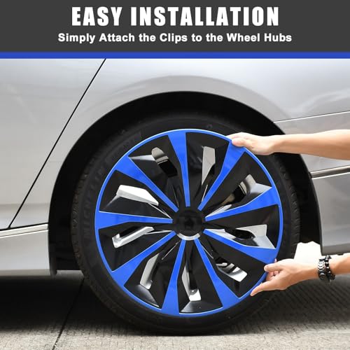 Image of Black with Blue Hubcap Wheel Cover Replacement Kit 17 inch Hub Caps Wheel Rim Cover Car Exterior Accessories Pack of 4, 17 Inches