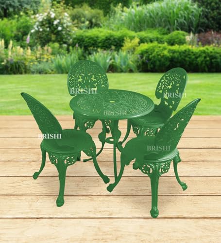 Image of BRISHI Cast Aluminium Garden Patio Seating Chair and Table Set for Balcony Outdoor Furniture with 1 Table and 4 Chair Set (Green)