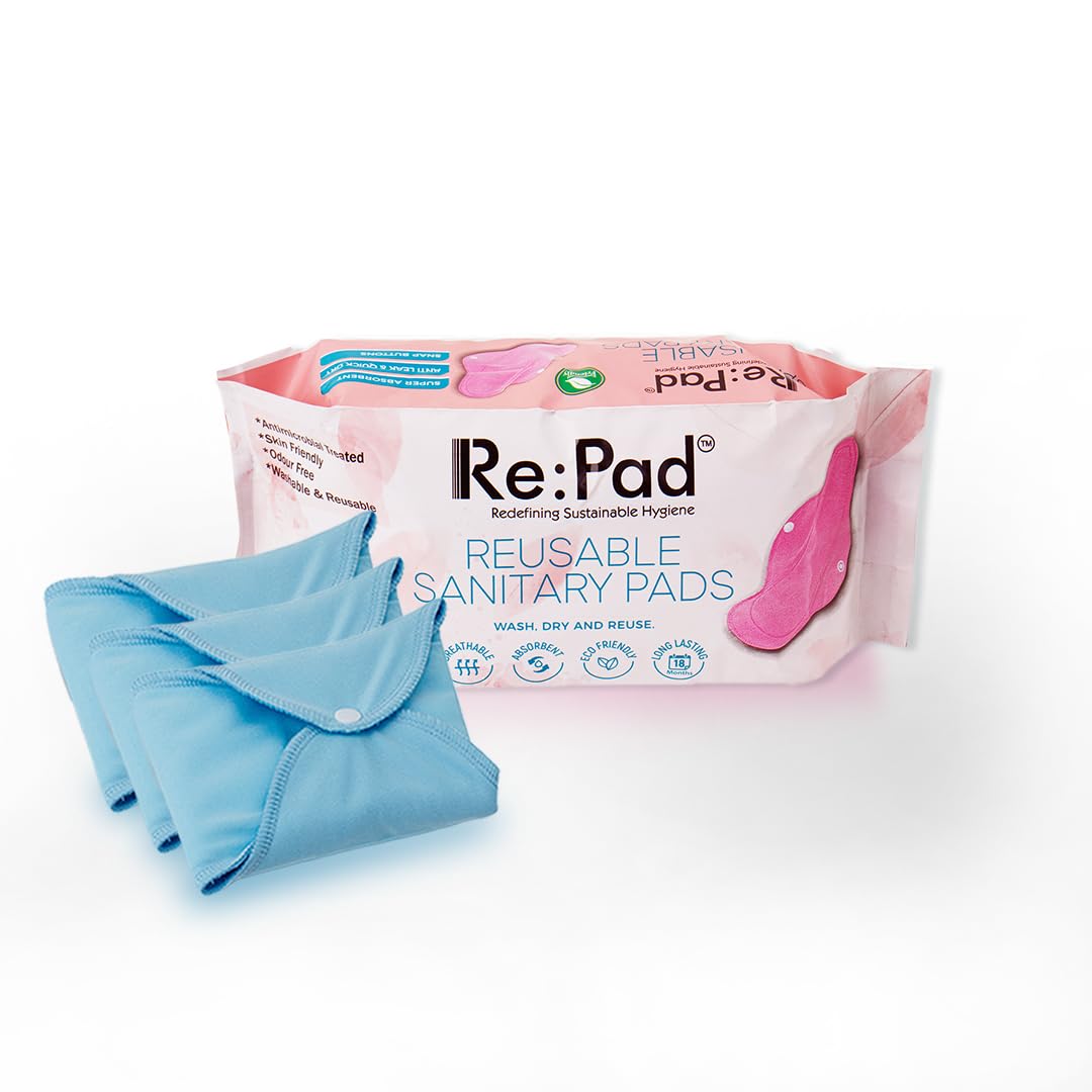 Repad Reusable Cloth Sanitary for Women Overnight Cloth Washable Super-Absorbent, Soft and Comfortable Super Maxi 3 Pads for Heavy Flow (Blue) Sanitary Pad (Pack of 3 pads) |Lasts Up To 1 .5 Years